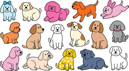 Obraz premium Cute cartoon dogs and puppies vector illustration set featuring various breeds poodle labrador and hound characters on white background