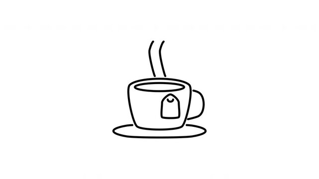 Minimalist outline animation of hot herbal tea cup saucer teabag steam drink icon drawing on and fading out. Features a clean pop up style in 3 color setups.