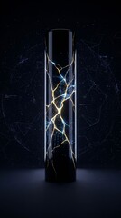 Naklejka premium Vertical Futuristic Cyber Kintsugi Cylinder Glowing with Digital Network Lines