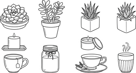 Cozy Spa Wellness Vector Icon Set with Minimalist Potted Succulents, Scented Candles, Mason Jar, and Hot Tea Cups Outline Designs © MdAungur