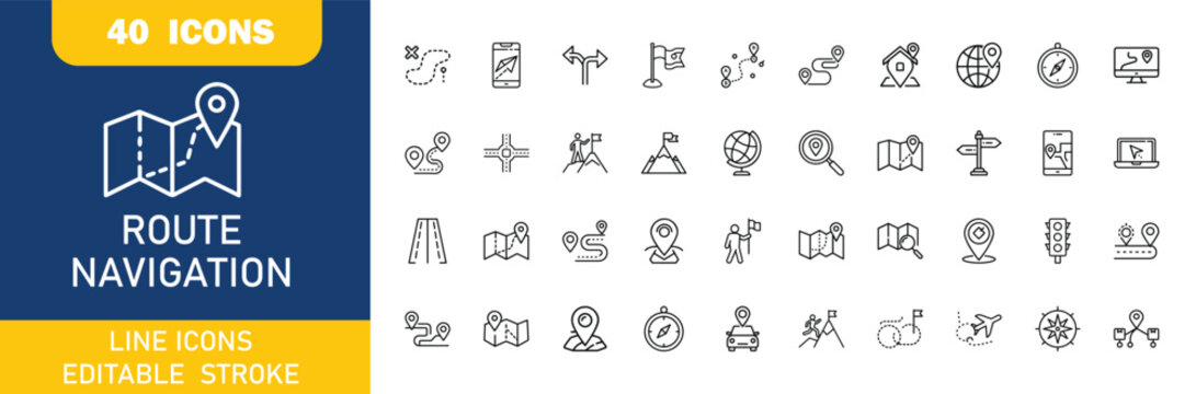 Route web icons in line style. Navigation, location, route map, traffic, pin,  collection. Editable stroke. Vector illustration.
