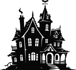 Fototapeta premium Spooky Haunted House Silhouette Halloween Gothic Mansion Isolated on transparent Background