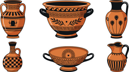 Ancient Greek Terracotta Pottery Vector Set with Traditional Black Figure Amphora, Krater, Kylix Bowl, and Meander Pattern Vases © MdAungur