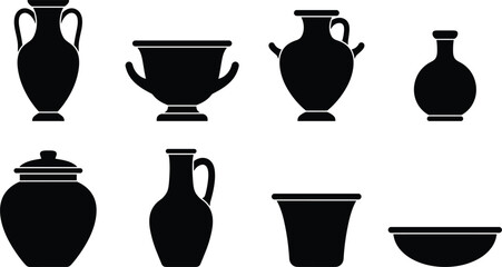 Ancient Greek Pottery Vector Silhouette Icon Set with Traditional Ceramic Amphora, Krater, Hydria, Jug, and Vase Shapes © MdAungur
