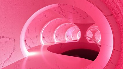 Fototapeta premium Spiral staircase, marble walls, pink illumination. Modern design, abstract geometry, dramatic lighting creates intriguing visual effect.