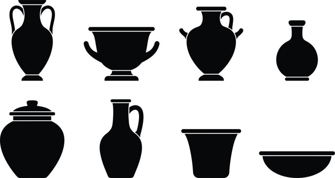 Ancient Greek Pottery Vector Silhouette Icon Set with Traditional Ceramic Amphora, Krater, Hydria, Jug, and Vase Shapes