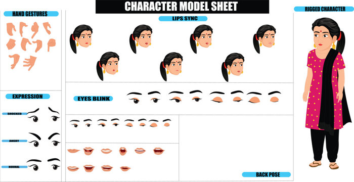 Indian Village Modern Salwar Kameez Woman Sprite Sheet | Rigged 2D Character with Lip Sync, Walk Cycle, Eye Blink, Eyebrow Expressions, and Hand Sync | Ready-to-Use for Animation
