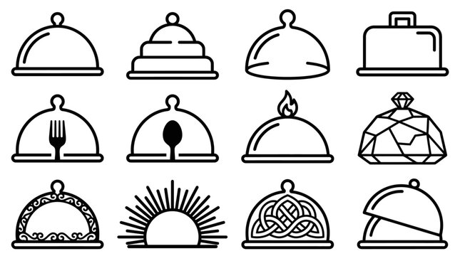 Cloche dish serving icons line art.