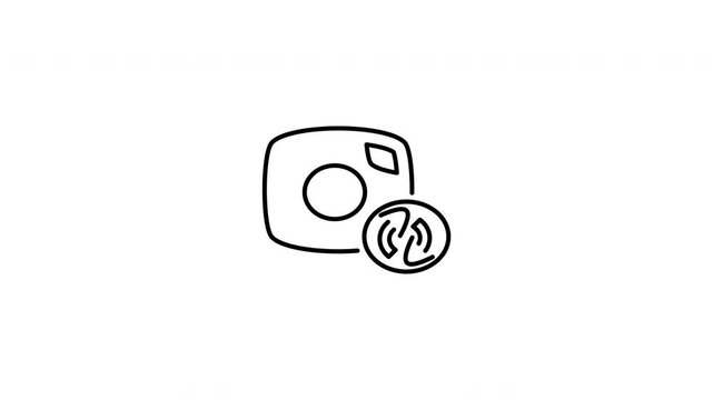 Minimalist outline animation of digital camera sync refresh rotation arrows icon drawing on and fading out. Features a clean pop up style in 3 color setups.