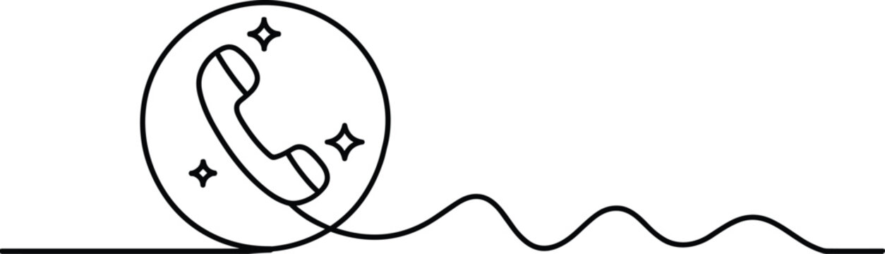 Continuous single line art drawing of a telephone handset icon inside circle isolated on white background