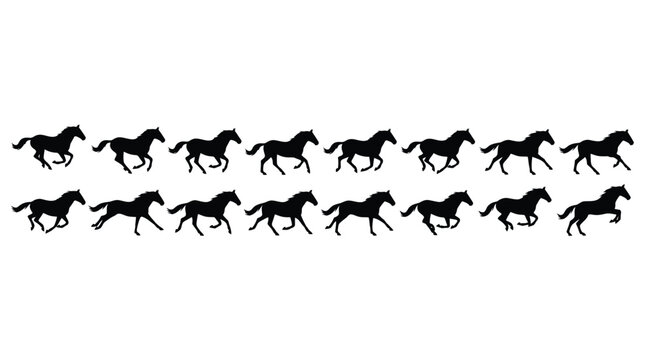 Multiple black silhouettes of galloping horses arranged in a horizontal sequence for simple animation cycles