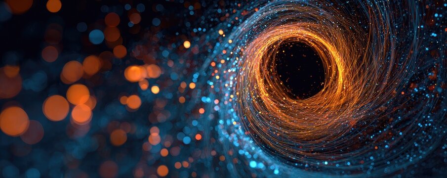 Swirling vortex of glowing particles in deep space, cosmic energy