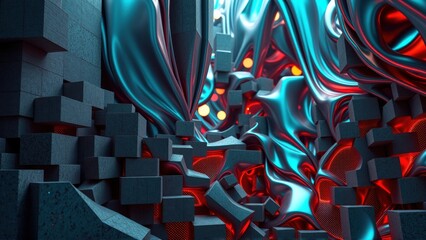 Fototapeta premium Abstract digital art. Cubes, flowing shapes, vibrant colors create futuristic tunnel impression. Dramatic lighting enhances depth.