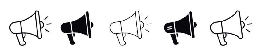 Set of black megaphone icons. Megaphone vector icons with a black outline and filled version. Megaphone with sound or marketing advertising line art vector icon for apps and websites. 