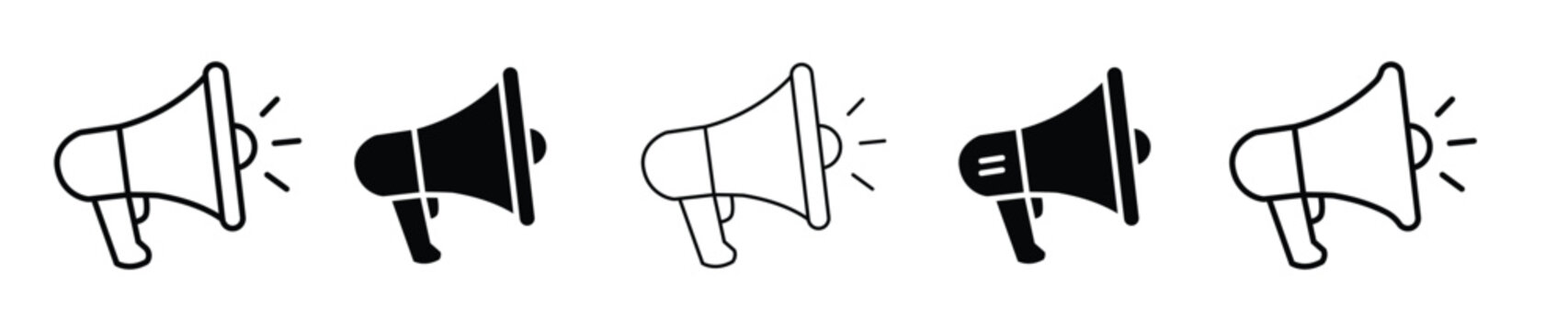Set of black megaphone icons. Megaphone vector icons with a black outline and filled version. Megaphone with sound or marketing advertising line art vector icon for apps and websites. 