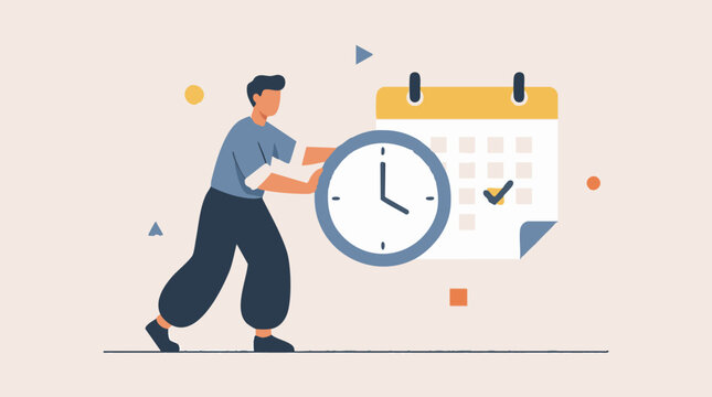 Time Management and Scheduling Concept with Person Pushing Clock to Calendar