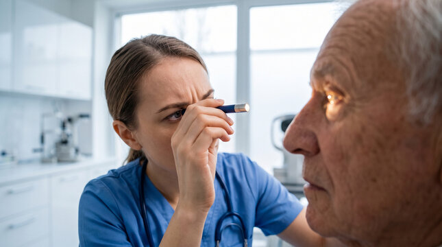 Ophthalmologist examining senior patient eye with penlight