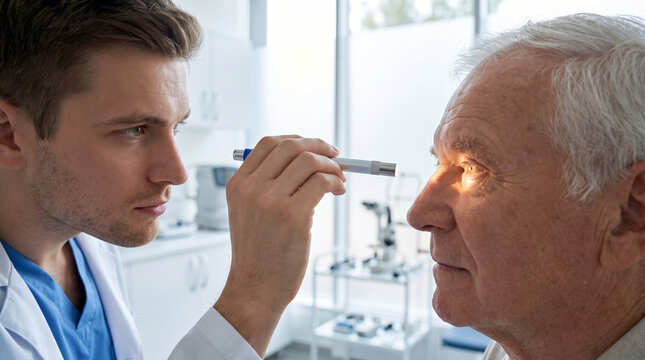 Doctor performing eye exam on senior patient with penlight