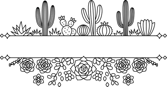 Stylish black outline desert succulent plants and blooming rose flower frames creating beautiful decorative borders