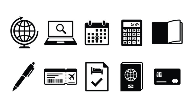 Travel planning and booking flat design icon set for tourism and vacation related services.