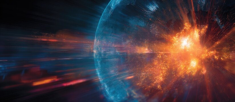 Explosive cosmic event with a glowing planetoid engulfed in fire