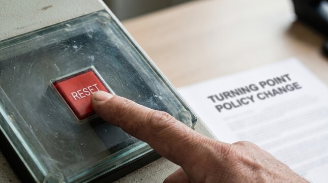 high stakes decision making concept. Finger pressing a red RESET button beside a "Turning Point Policy Change" paper