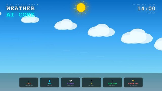 A digital Ai Lab Discovery interface showcases evolving atmospheric weather cycles from dawn to afternoon with real time metric updates displayed on a sleek minimalist dashboard screen
