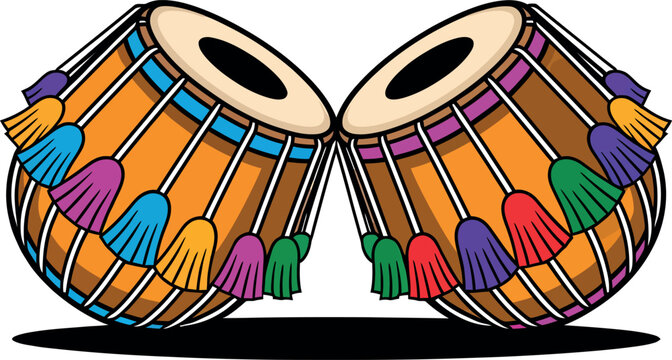 Colorful pair of traditional Indian tabla drums with decorative tassels cultural music instrument