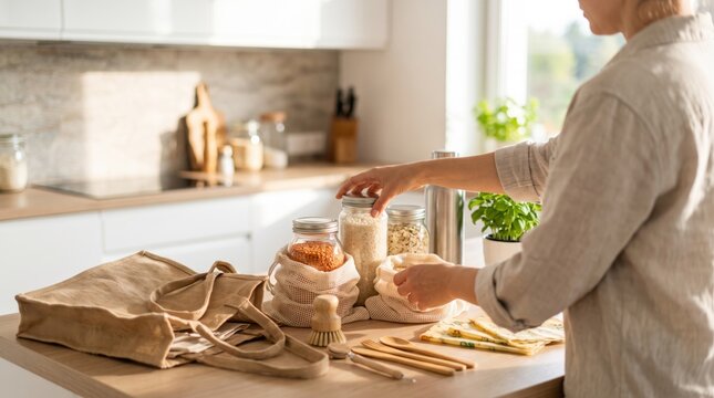 Woman pouring grains from jars into burlap bags in kitchen, zero waste lifestyle, sustainable living concept, healthy organic food storage, eco-friendly shopping, bulk buying