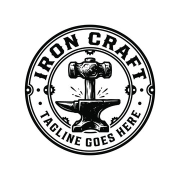 Vintage emblem hammer anvil for iron craft blacksmith metalwork workshop industrial forge logo design