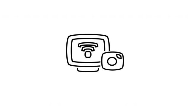 Minimalist outline animation of desktop computer wifi wireless camera connection icon drawing on and fading out. Features a clean pop up style in 3 color setups.