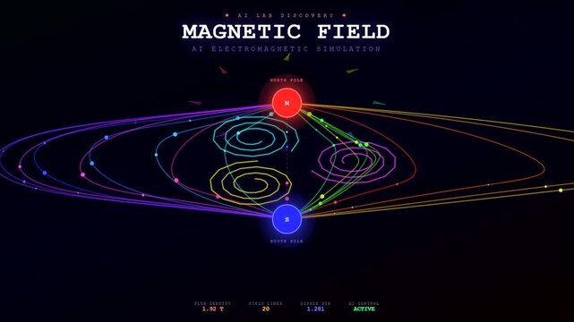 An innovative Ai Lab Discovery simulation visualizing complex magnetic field flux patterns with glowing orbital pathways and dynamic energy streams across a dark professional interface background