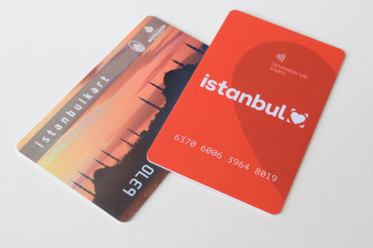  Two different generations of Istanbulkart contactless smart cards used for the public transport system placed on a white background. 