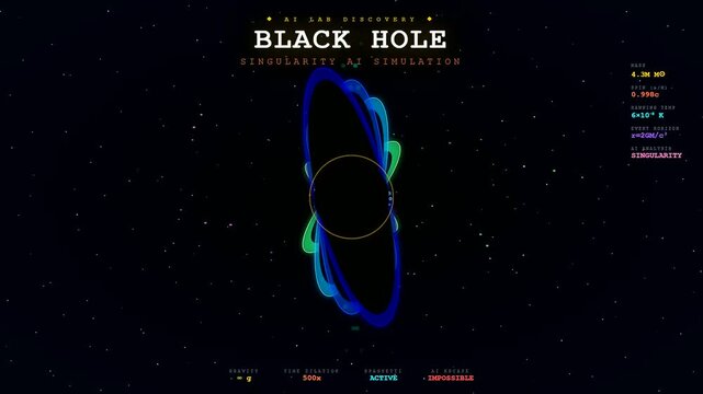 A digital AI lab discovery shows a rotating black hole singularity with evolving orbital light trails set against a deep cosmic backdrop in a scientific space simulation
