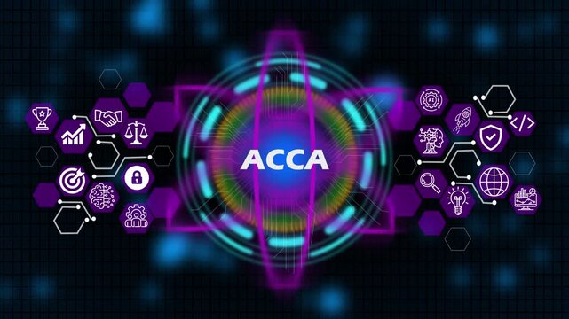 ACCA Businessman writing on laptop showing glowing shield ai agent icons, dark tech setting shows smart technology, ai interface, marketing strategy and digital advertising concept.4k video 