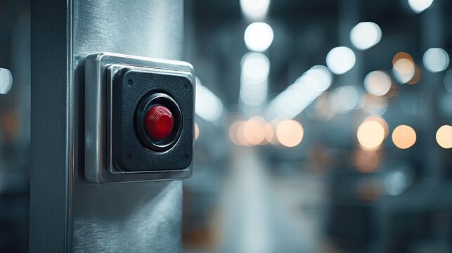Close-up of a red industrial emergency stop button on a metal pole