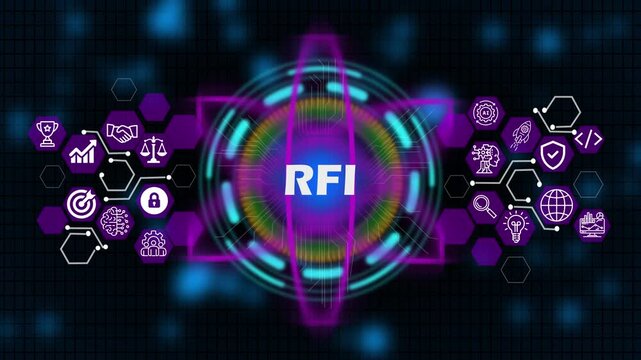 RFI Businessman writing on laptop showing glowing shield ai agent icons, dark tech setting shows smart technology, ai interface, marketing strategy and digital advertising concept.4k video 