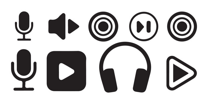 Audio control button set including microphone playback icons and headphones graphic for digital design.