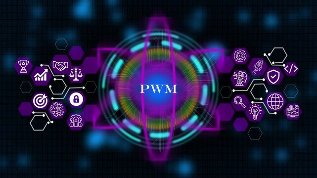 PWM Businessman writing on laptop showing glowing shield ai agent icons, dark tech setting shows smart technology, ai interface, marketing strategy and digital advertising concept.4k video 