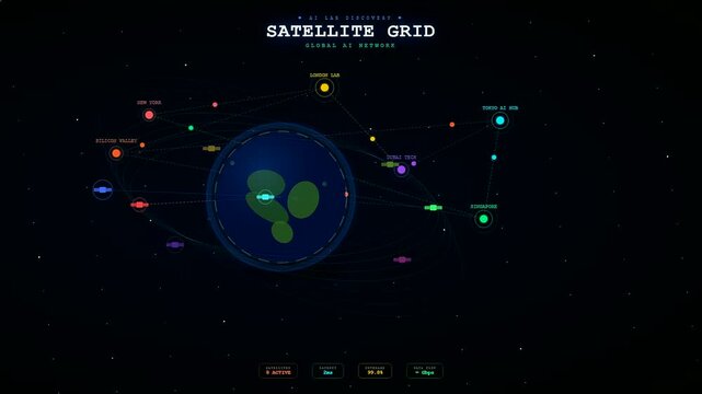 A digital Ai Lab Discovery map displays interconnected global nodes rotating around a glowing planetary core as data flows across a sophisticated virtual communications network interface