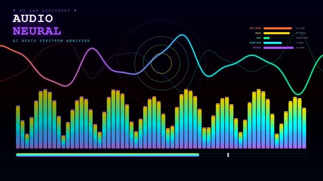 A digital AI Lab Discovery screen displays fluctuating sound frequencies and multi colored volume bars reflecting complex audio signal processing patterns within a modern high tech interface