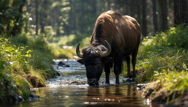 Graceful Deer Drinking Forest Stream Water