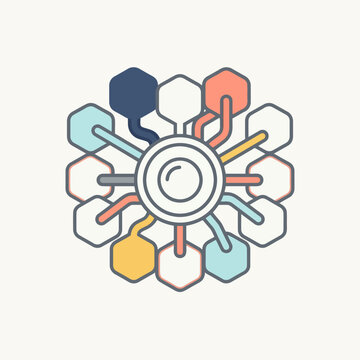 Central circle with radiating lines connecting to hexagonal shapes in a radial pattern