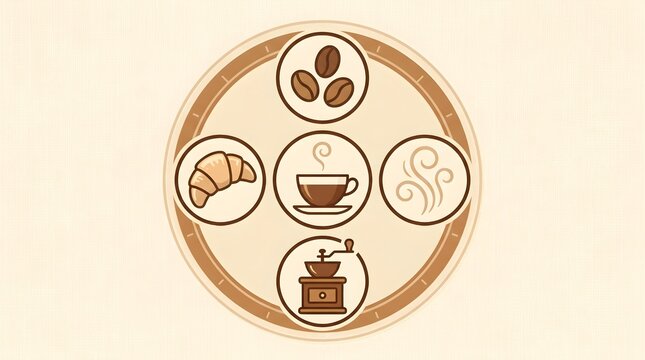 Vintage coffee shop icons set, brown cafe line art illustrations, retro breakfast symbols with espresso cup and croissant, coffee bean and grinder graphics