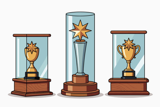 Collection of three golden award trophies and cups displayed inside protective glass cases with elegant wooden bases on a light background.