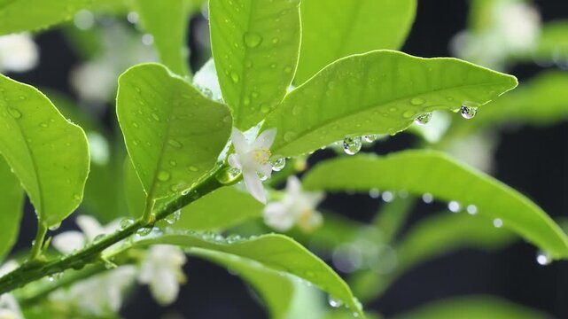 雨に濡れた金柑の花