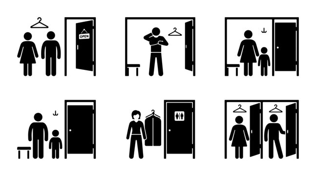 Fitting Room Icons: Changing Booths, People Dressing, Shopping Experience Vector Set