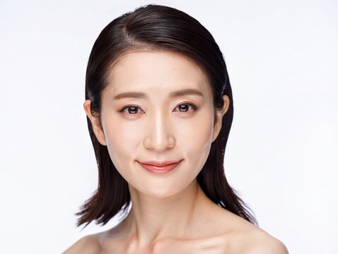 Portrait of Smiling Woman with Natural Makeup on Plain Background