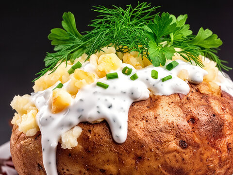 Homemade Ranch Sauce Swirling Over Loaded Baked Potato With Herbs