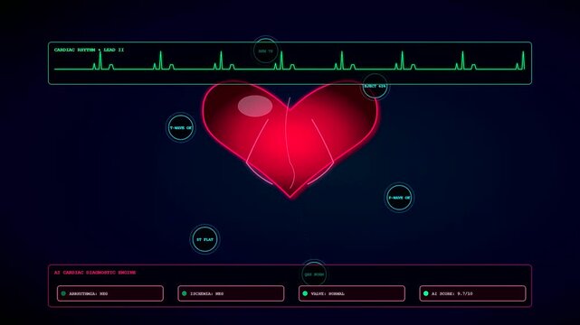 An advanced AI Medical Diagnostics tool monitors a beating red heart while scrolling electrocardiogram waves and data points fluctuate across a dark holographic healthcare dashboard.